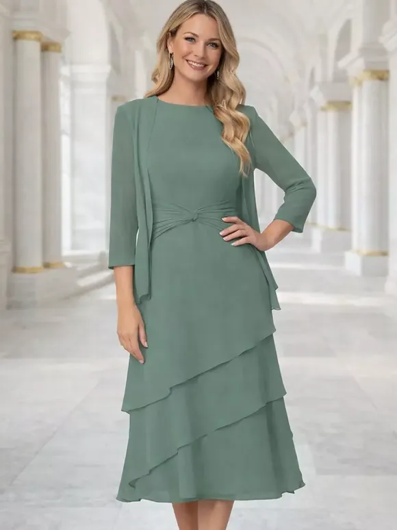 2 Pieces Mother Dress Jewel Neck 3/4 Length Sleeves Two-piece Pleated Wedding Guest Dresses