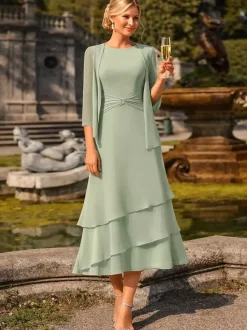 2 Pieces Mother Dress Jewel Neck 3/4 Length Sleeves Two-piece Pleated Wedding Guest Dresses