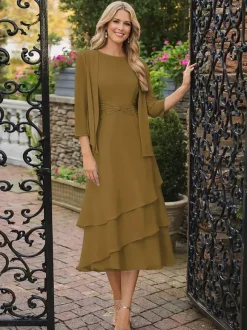2 Pieces Mother Dress Jewel Neck 3/4 Length Sleeves Two-piece Pleated Wedding Guest Dresses