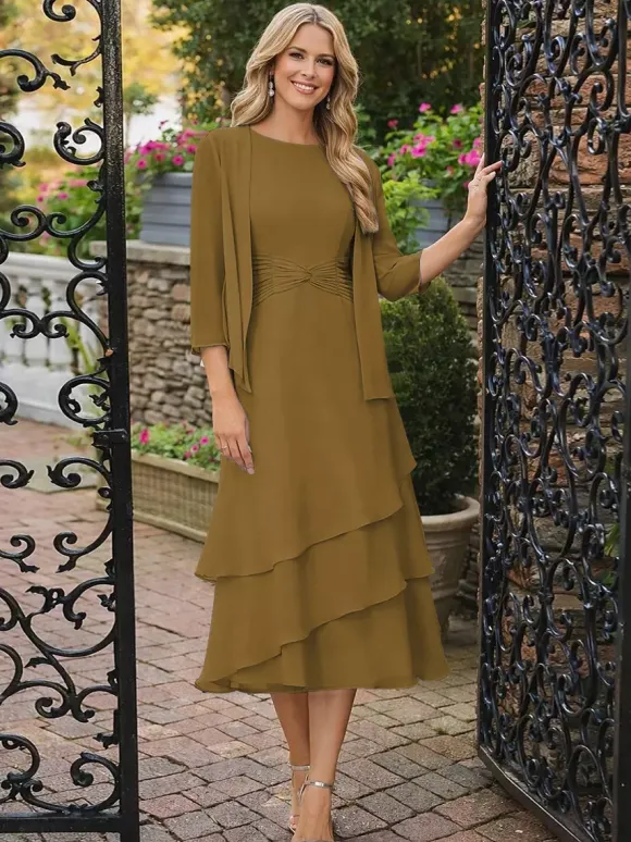 2 Pieces Mother Dress Jewel Neck 3/4 Length Sleeves Two-piece Pleated Wedding Guest Dresses