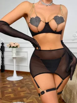 6-Pieces Sexy Lingerie Chains Black Bra Panty Sets
