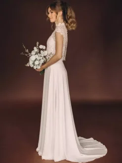 3 Piece Wedding Dress Lace Chiffon Illusion Neckline Zipper Short Sleeves