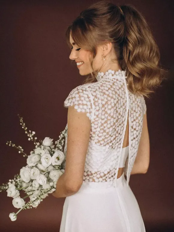 3 Piece Wedding Dress Lace Chiffon Illusion Neckline Zipper Short Sleeves