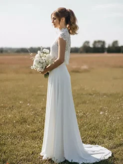 3 Piece Wedding Dress Lace Chiffon Illusion Neckline Zipper Short Sleeves