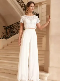 3 Piece Wedding Pant Suits for Bride Lace Chiffon Jewel Neck Zipper Short Sleeves Floor Length