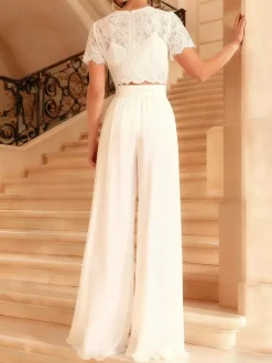 3 Piece Wedding Pant Suits for Bride Lace Chiffon Jewel Neck Zipper Short Sleeves Floor Length