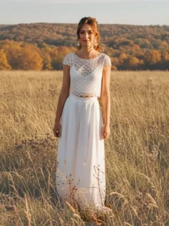 3 Piece Wedding Pant Suits Lace Chiffon Illusion Neckline Floor-Length Zipper Short Sleeves