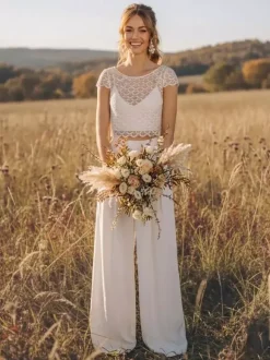 3 Piece Wedding Pant Suits Lace Chiffon Illusion Neckline Floor-Length Zipper Short Sleeves