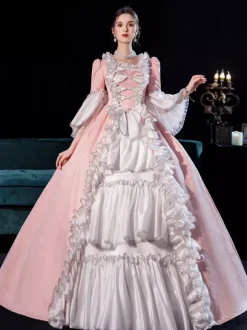 Pink Retro Tudor Dress Costumes For Women Side Draping Pleated Marie Antoinette Costume Dress Euro-Style Vintage Clothing