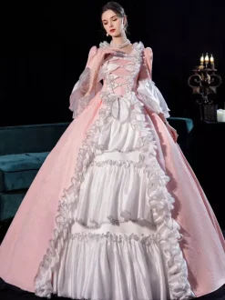 Pink Retro Tudor Dress Costumes For Women Side Draping Pleated Marie Antoinette Costume Dress Euro-Style Vintage Clothing