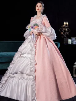 Pink Retro Tudor Dress Costumes For Women Side Draping Pleated Marie Antoinette Costume Dress Euro-Style Vintage Clothing