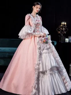 Pink Retro Tudor Dress Costumes For Women Side Draping Pleated Marie Antoinette Costume Dress Euro-Style Vintage Clothing