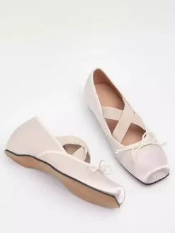Pink Ballet Flats Women's Square Toe Criss Cross Bow Slip On Flat Shoes