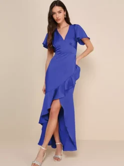 Pink Bridesmaid Dress V-Neck Ruffles Asymmetrical A-Line Prom Maxi Dress