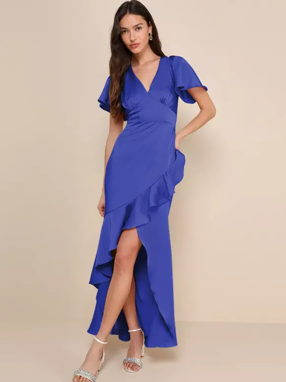 Pink Bridesmaid Dress V-Neck Ruffles Asymmetrical A-Line Prom Maxi Dress