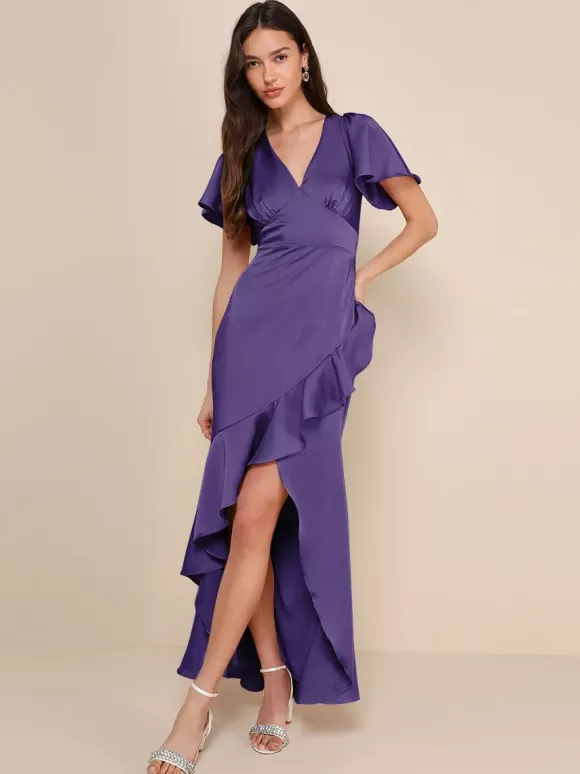 Pink Bridesmaid Dress V-Neck Ruffles Asymmetrical A-Line Prom Maxi Dress