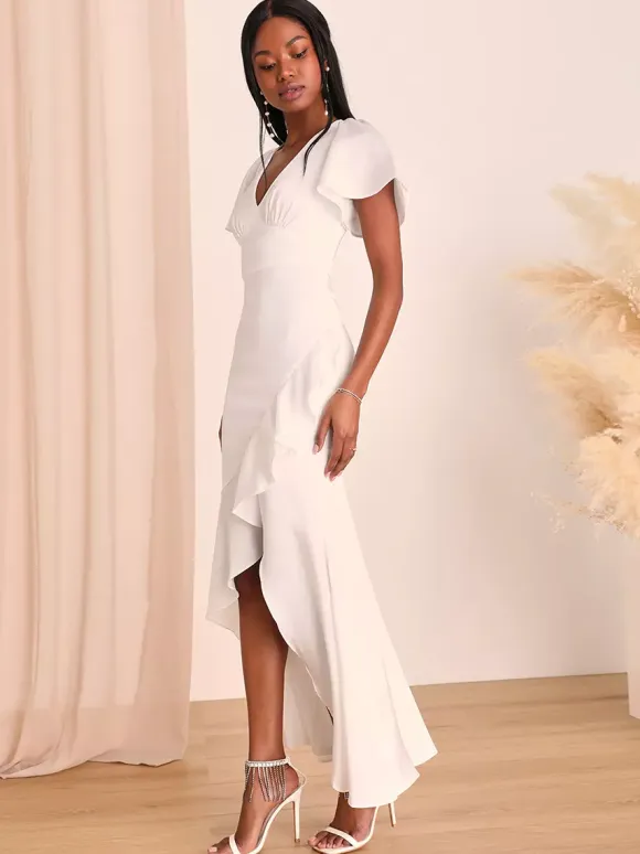 Pink Bridesmaid Dress V-Neck Ruffles Asymmetrical A-Line Prom Maxi Dress