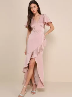 Pink Bridesmaid Dress V-Neck Ruffles Asymmetrical A-Line Prom Maxi Dress