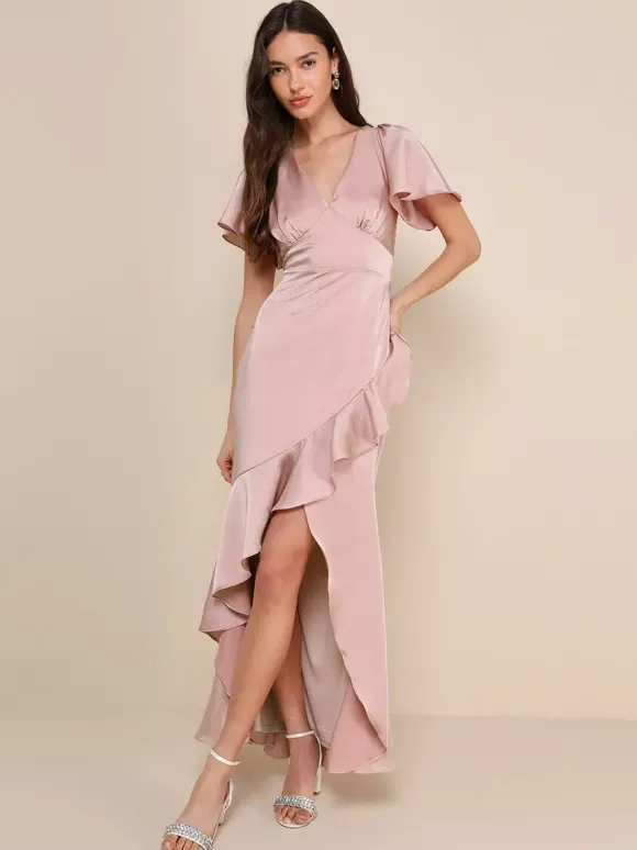 Pink Bridesmaid Dress V-Neck Ruffles Asymmetrical A-Line Prom Maxi Dress