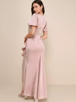 Pink Bridesmaid Dress V-Neck Ruffles Asymmetrical A-Line Prom Maxi Dress