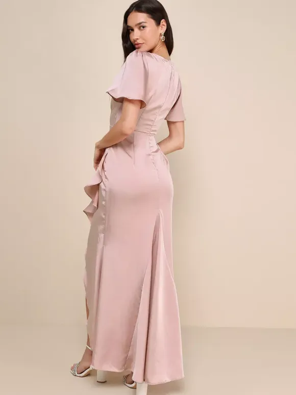 Pink Bridesmaid Dress V-Neck Ruffles Asymmetrical A-Line Prom Maxi Dress