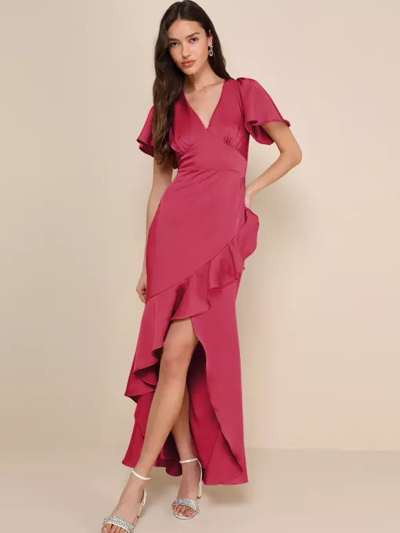Pink Bridesmaid Dress V-Neck Ruffles Asymmetrical A-Line Prom Maxi Dress