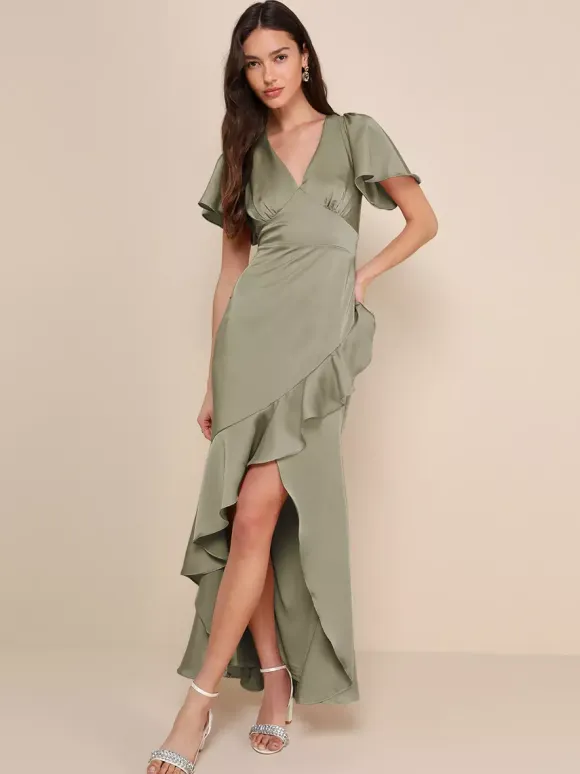 Pink Bridesmaid Dress V-Neck Ruffles Asymmetrical A-Line Prom Maxi Dress