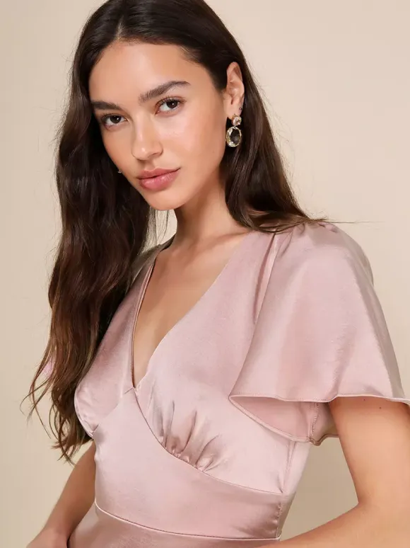 Pink Bridesmaid Dress V-Neck Ruffles Asymmetrical A-Line Prom Maxi Dress