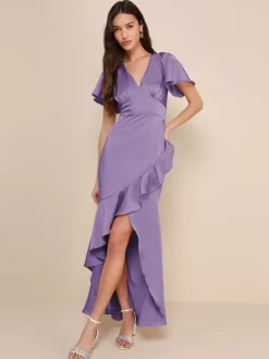Pink Bridesmaid Dress V-Neck Ruffles Asymmetrical A-Line Prom Maxi Dress