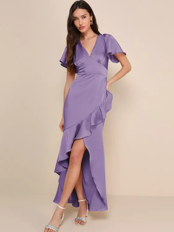 Pink Bridesmaid Dress V-Neck Ruffles Asymmetrical A-Line Prom Maxi Dress