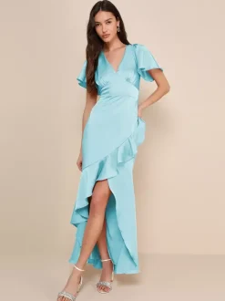 Pink Bridesmaid Dress V-Neck Ruffles Asymmetrical A-Line Prom Maxi Dress