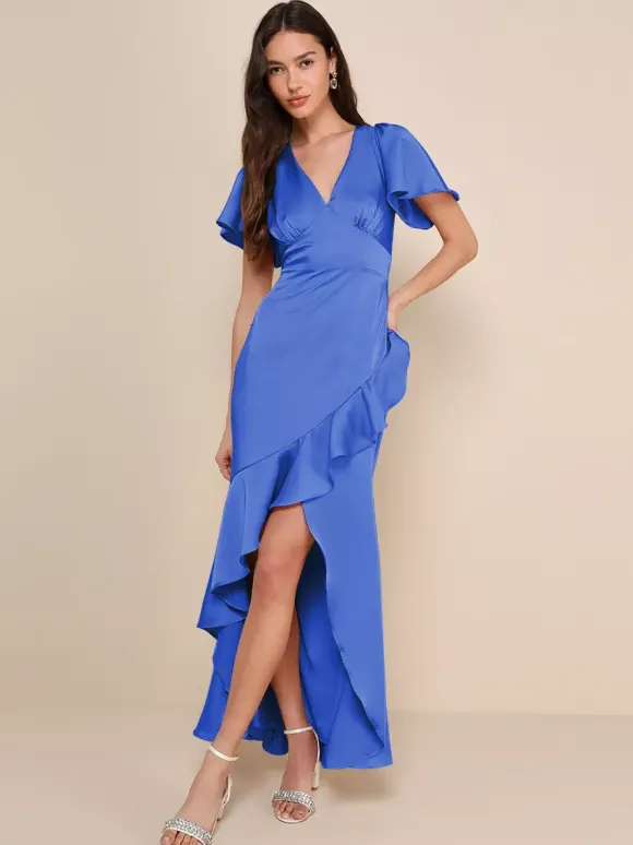 Pink Bridesmaid Dress V-Neck Ruffles Asymmetrical A-Line Prom Maxi Dress