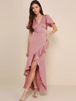Pink Bridesmaid Dress V-Neck Ruffles Asymmetrical A-Line Prom Maxi Dress