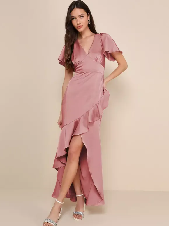 Pink Bridesmaid Dress V-Neck Ruffles Asymmetrical A-Line Prom Maxi Dress