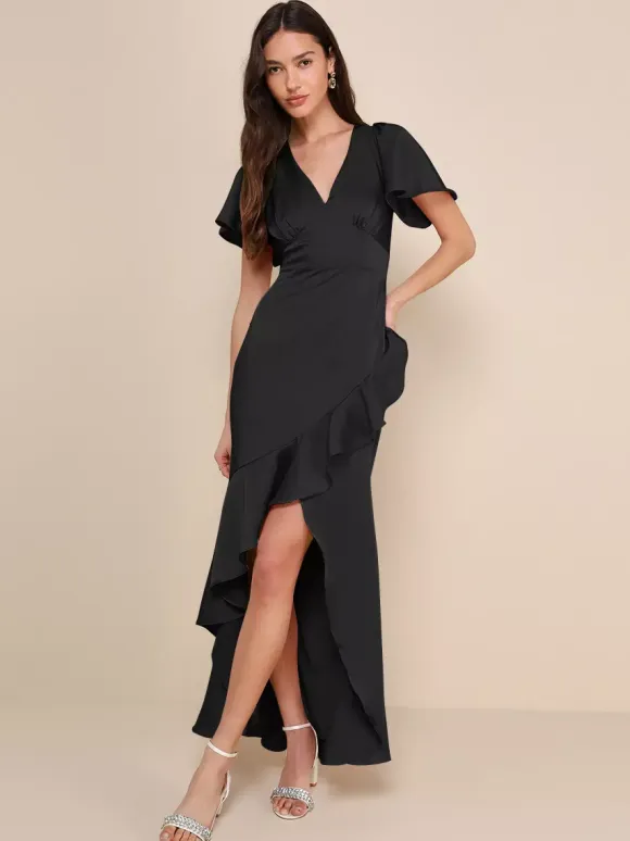 Pink Bridesmaid Dress V-Neck Ruffles Asymmetrical A-Line Prom Maxi Dress