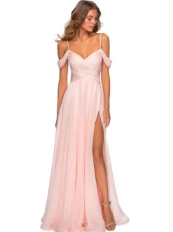 Pink Bridesmaid Dresses A-Line Floor-Length V-Neck Chiffon Prom Dress