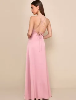 Pink Bridesmaid Dresses A-Line Open Back High Slit Wedding Party Dress