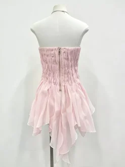 Pink Cami Top Strapless Pleated Ruffles Chic Ruffled Women Camis