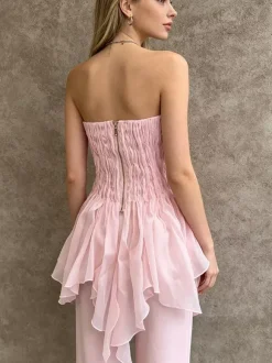 Pink Cami Top Strapless Pleated Ruffles Chic Ruffled Women Camis