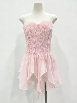 Pink Cami Top Strapless Pleated Ruffles Chic Ruffled Women Camis
