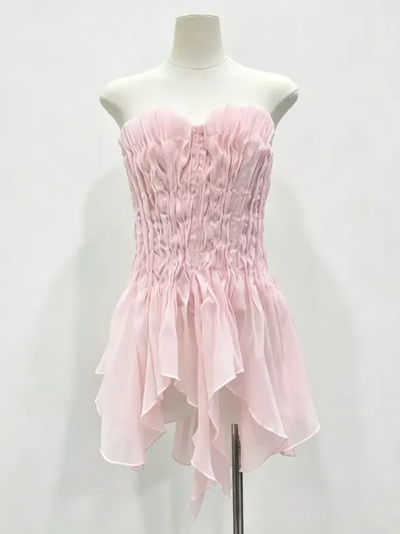Pink Cami Top Strapless Pleated Ruffles Chic Ruffled Women Camis