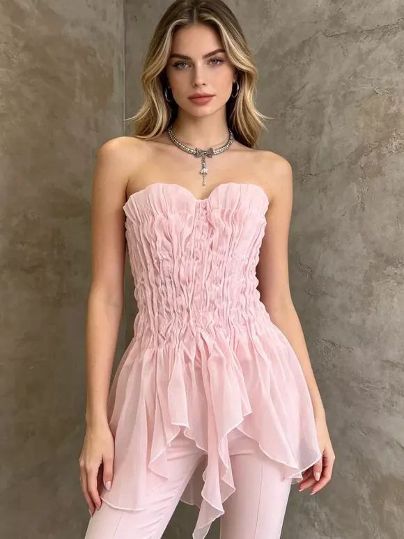 Pink Cami Top Strapless Pleated Ruffles Chic Ruffled Women Camis