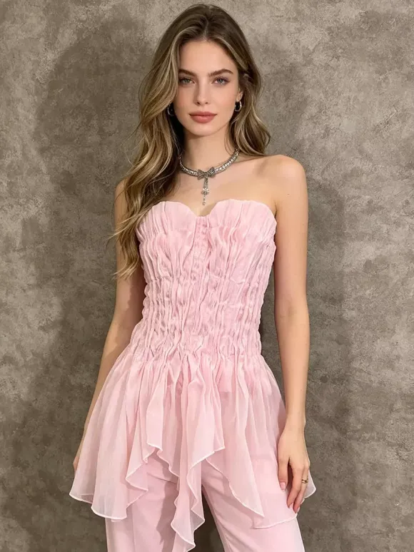 Pink Cami Top Strapless Pleated Ruffles Chic Ruffled Women Camis