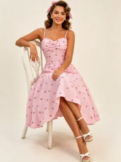 Pink Cherry Print Halter A Line Midi Dress For Women Sweet Summer