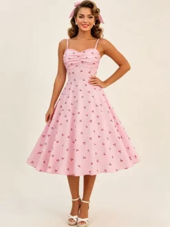 Pink Cherry Print Halter A Line Midi Dress For Women Sweet Summer