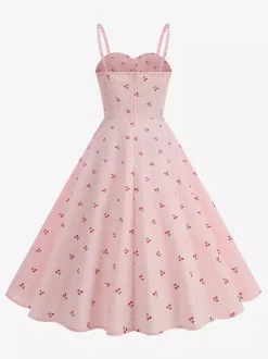 Pink Cherry Print Halter A Line Midi Dress For Women Sweet Summer