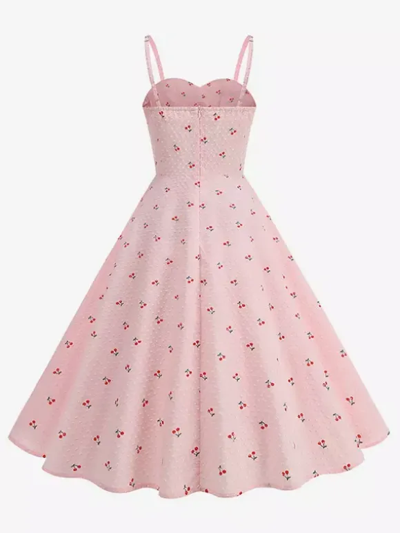 Pink Cherry Print Halter A Line Midi Dress For Women Sweet Summer