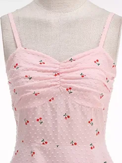 Pink Cherry Print Halter A Line Midi Dress For Women Sweet Summer