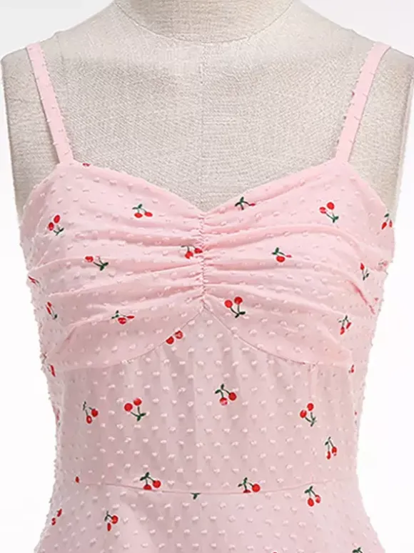 Pink Cherry Print Halter A Line Midi Dress For Women Sweet Summer