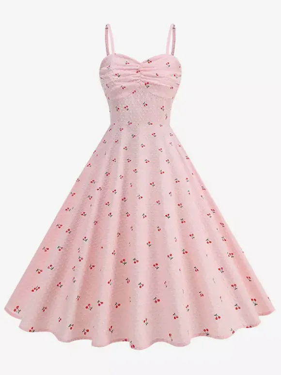 Pink Cherry Print Halter A Line Midi Dress For Women Sweet Summer